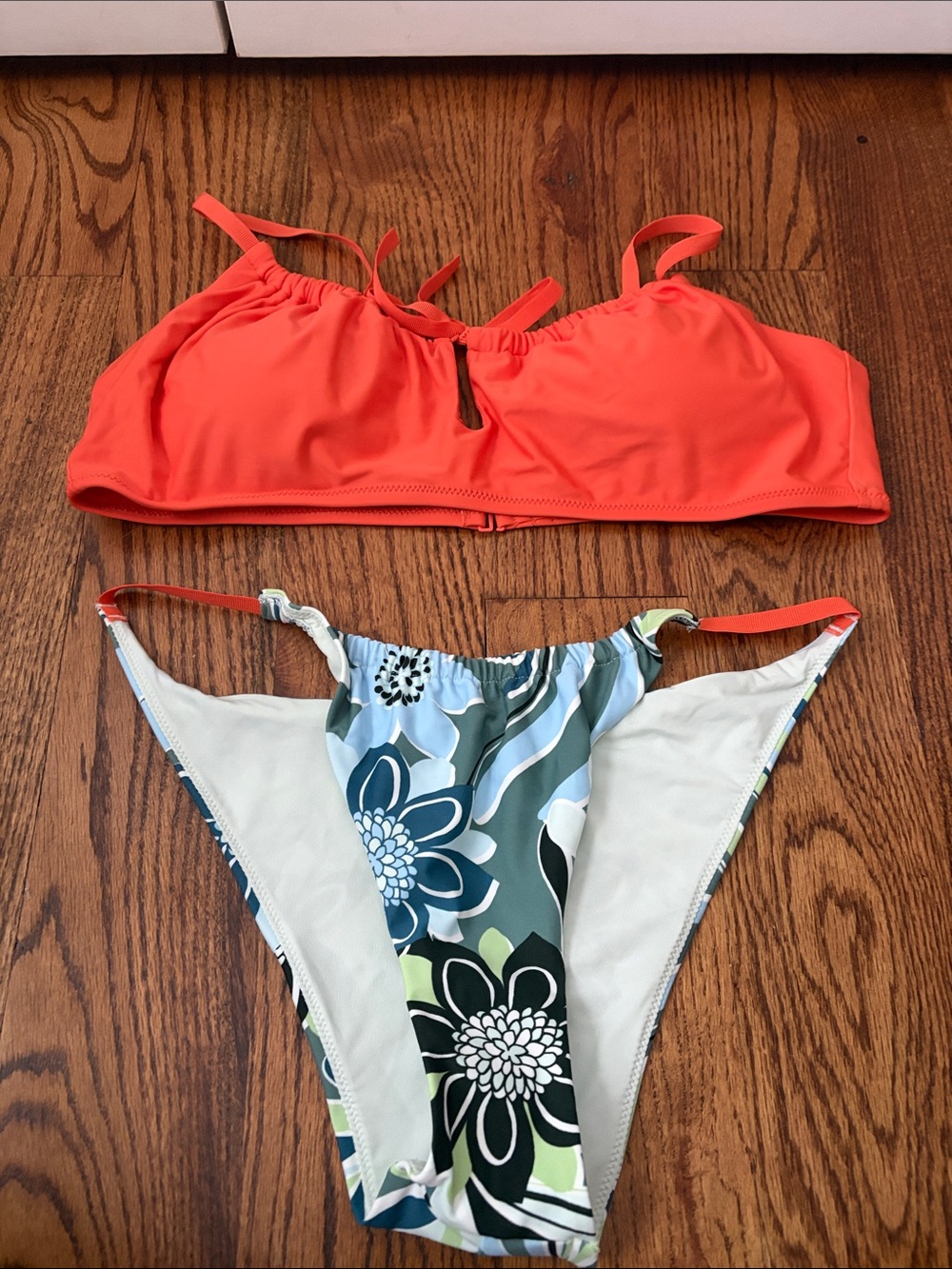 aerie Coral Bikini Top w/Blue & Green Floral Cheeky Bottom Top XL Bottom Large